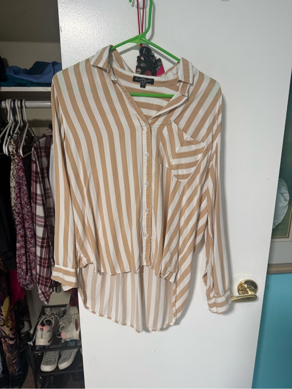 Velvet Heart Beige and White Vertical Stripe Button-Up Blouse